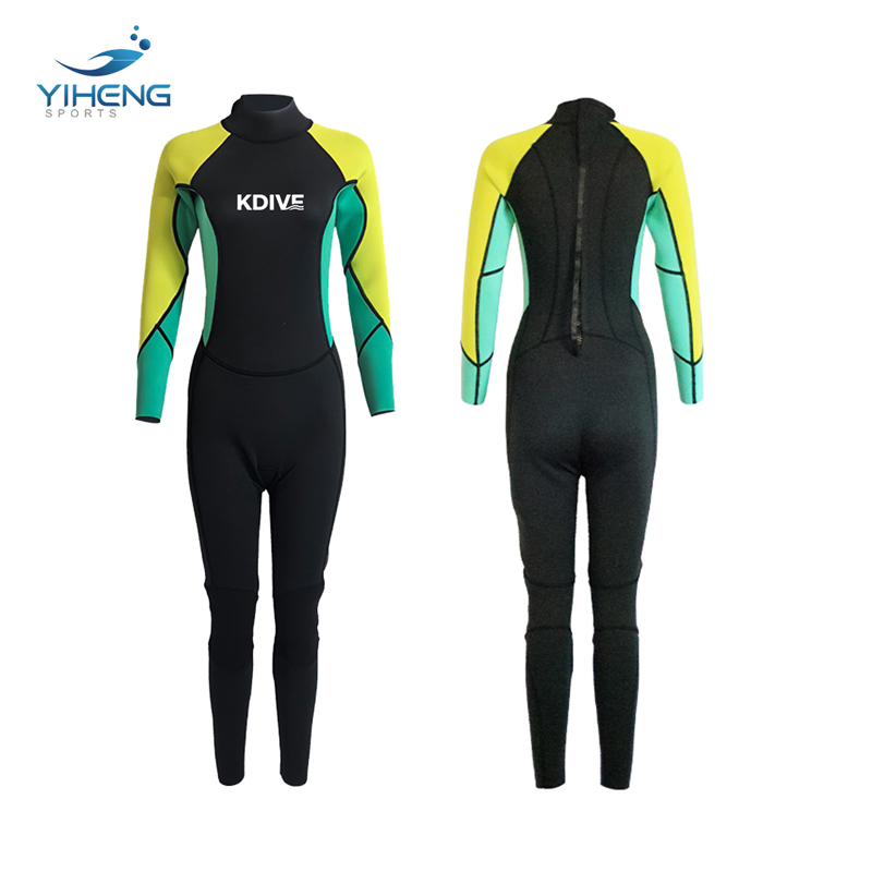 3mm Women' s CR Neoprene Wetsuit with Green-Yellow Contrast Sleeves