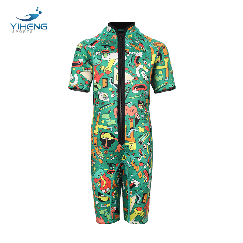 2mm Neoprene Green Printed Kids Short Sleeve Diving Wetsuit